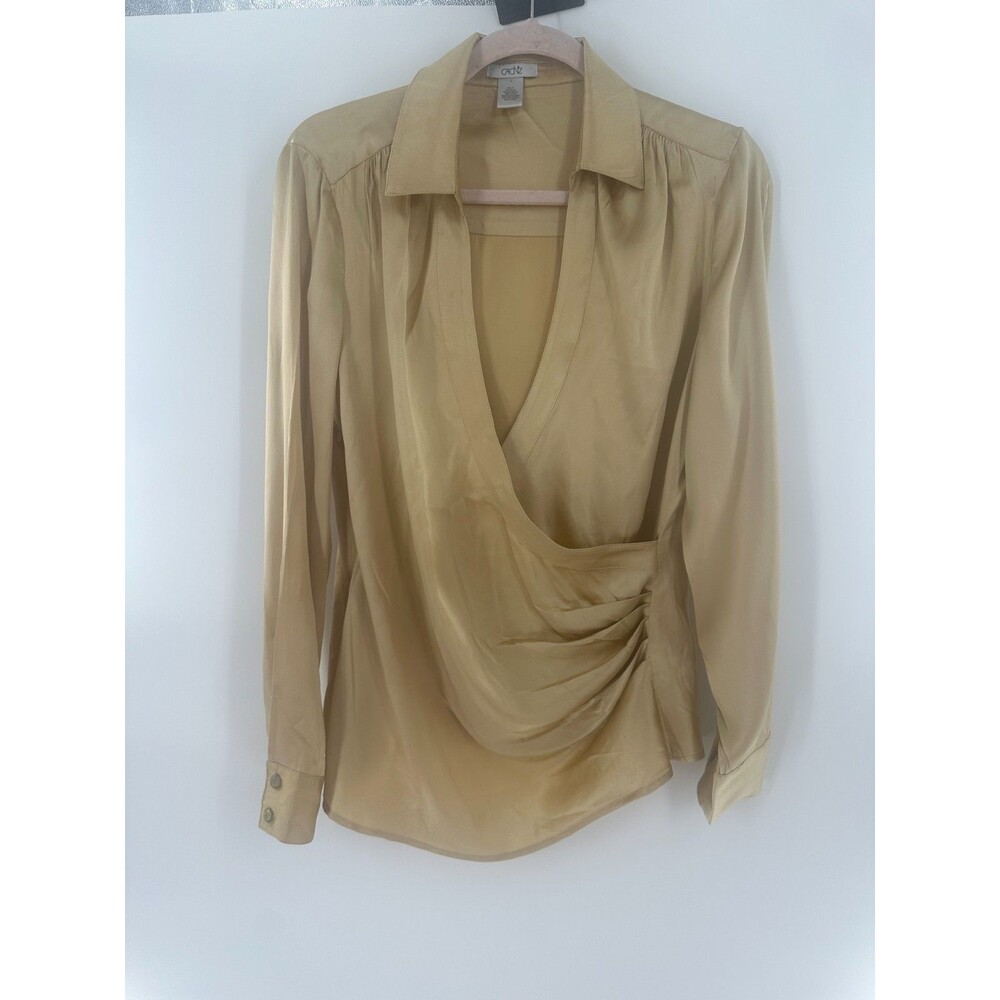 Vintage Caché Gold Silk Faux Wrap Blouse Ruched Long Sleeve Plunging Top Sz L